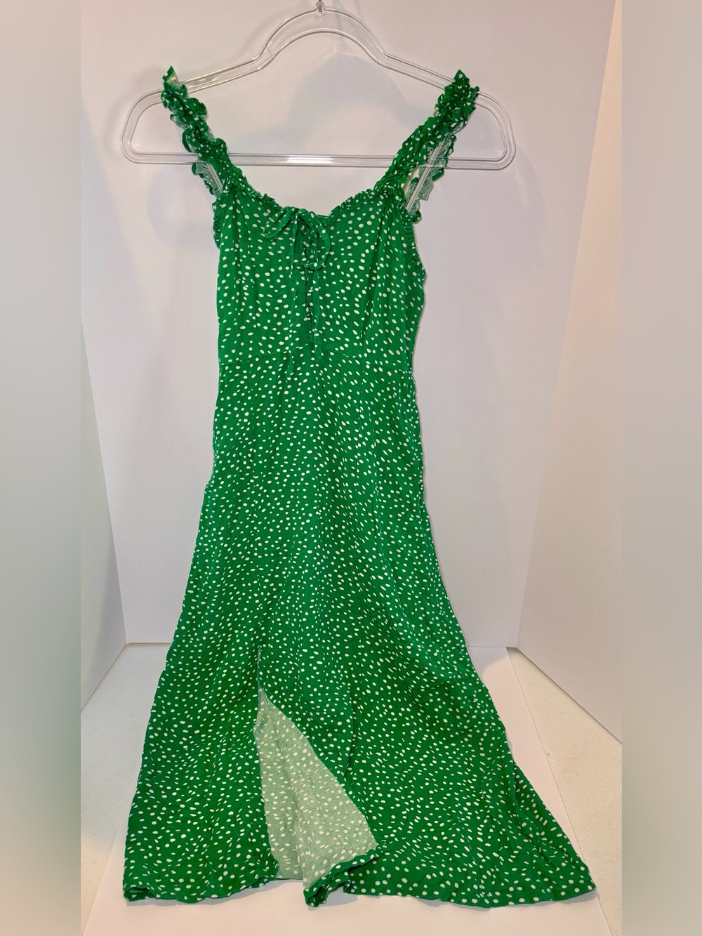 Green Polka Dot Midi Dress Ruffle Strap Tie Front Flowy Summer Dress